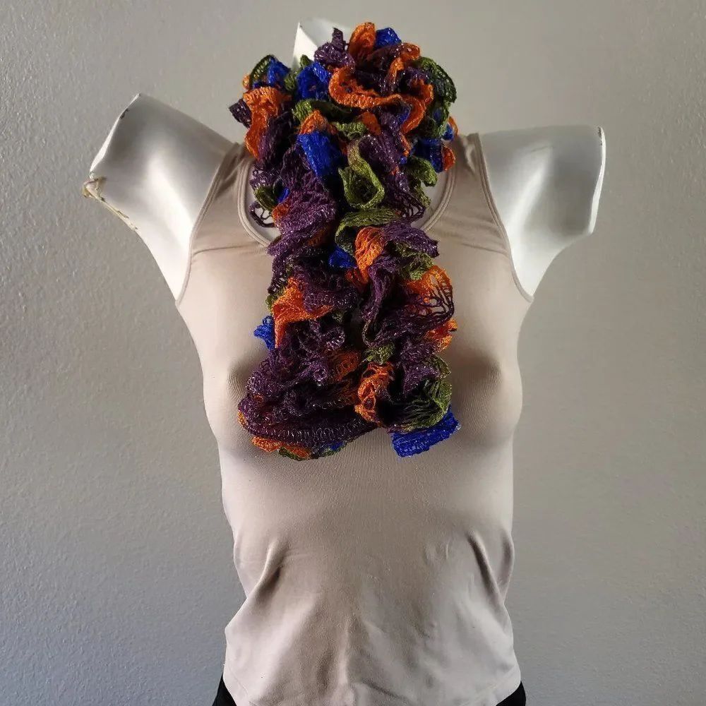 BOGO Scarf Sale - Hand Crafted crochet orange green blue and purple ruffle scarf